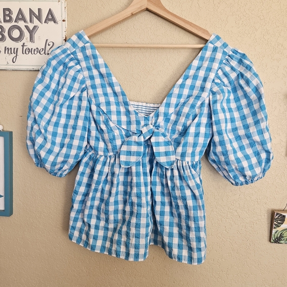 Lilly Pulitzer Sarafina Blue Gingham Puff Sleeve Top Size 6 Costal Beach Preppy - Picture 3 of 9